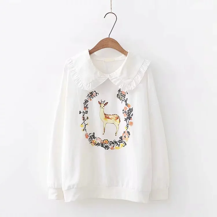 Harajuku Japanese Sweatshirt Women Cartoon Printed Long Sleeve Loose Pullover Peter Pan Collar Sweet Cute Sweatshirt Female - Цвет: White Sweatshirt