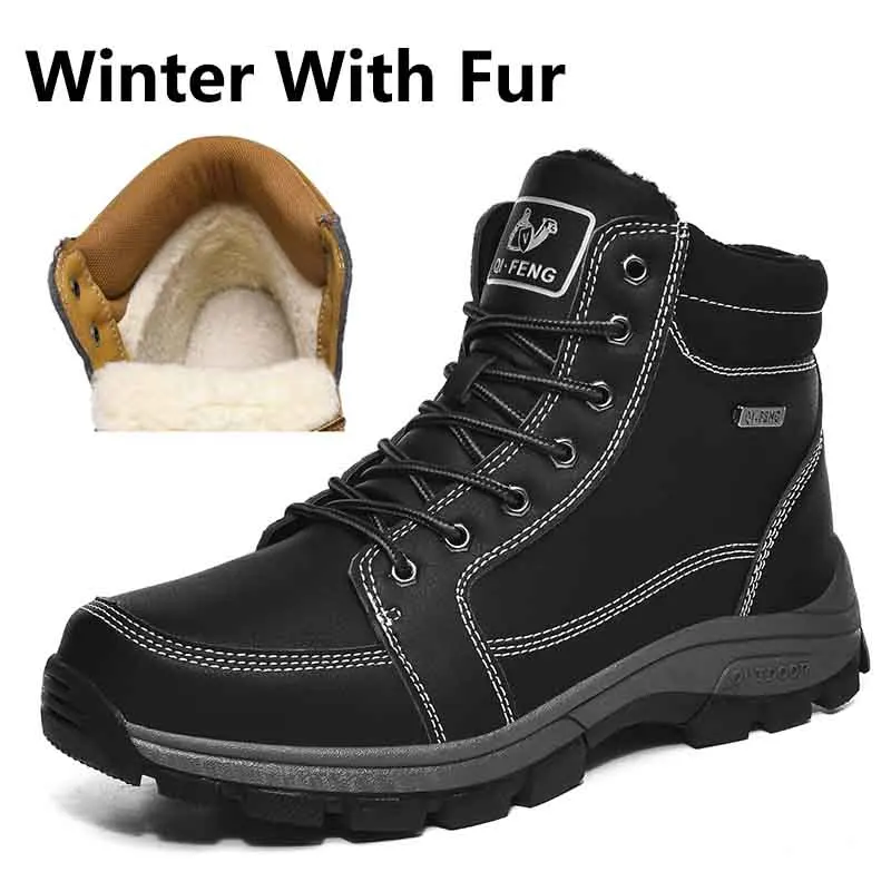 Black Fur Зимние ботинки с мехом Мужская обувь уличные кроссовки Нескользящие резиновые рабочие ботинки мужская обувь повседневная обувь на плоской подошве размера плюс 48 - Цвет: Black Fur