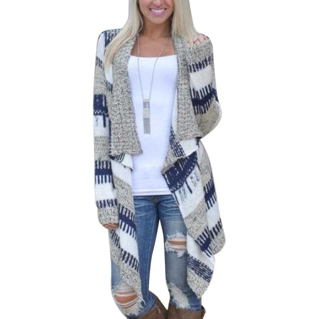 

Women Autumn Long Sleeve Knitted Sweater Coat Striped Print Asymmetrical Jacket Outwear Pull Femme Ladies 814