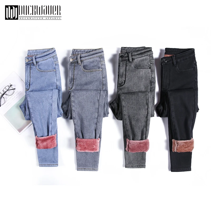 Женские джинсы с бархатной подкладкой Duckwaver, зимние плотные флисовые джинсы с высокой талией, длинные узкие джинсы для мам, брюки разме…
