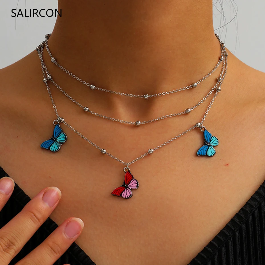 

Salircon Fashion Cute Butterfly Necklace For Women Silver Color Chain Statement Collares Multi Layer Choker Neck Chain Jewelry