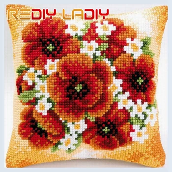 

DIY Cross Stitch Cushion Front Poppies & Daisies Pillow Chunky Cross-Stitch Kits 100% Acrylic Yarn Pillow Case Home Decor Crafts