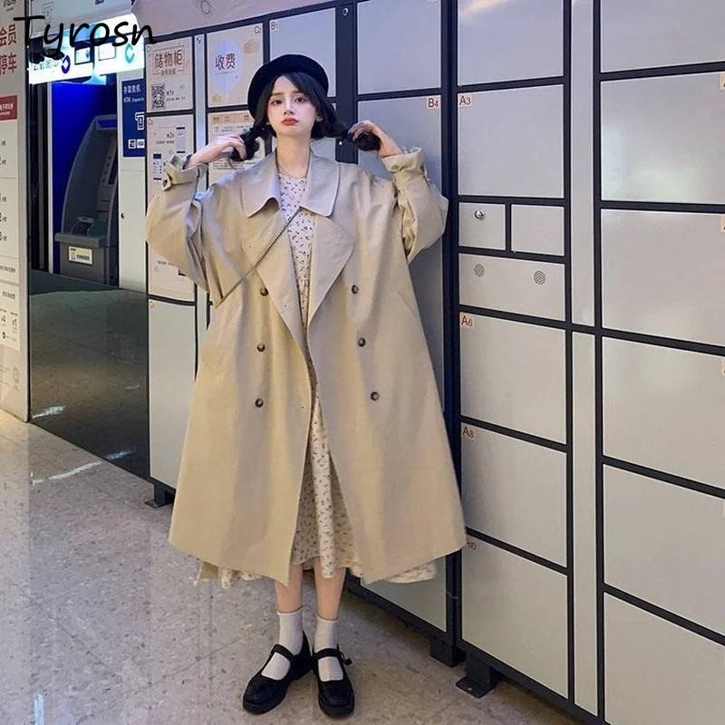

Trench Women Loose All-match Long Solid Khaki Coats Mujer Elegant British Style Pockets Ulzzang Notched Double Breasted Outwear