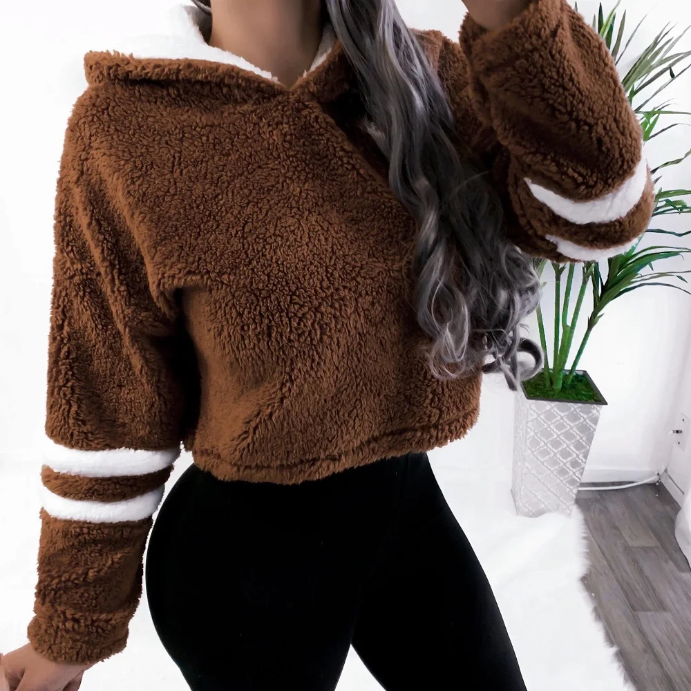 Brown ELSVIOS, милые женские флисовые толстовки,, с длинным рукавом, с капюшоном, пуловер, толстовка, Осень-зима, мягкие, теплые, короткие толстовки, свитшоты - Цвет: Brown