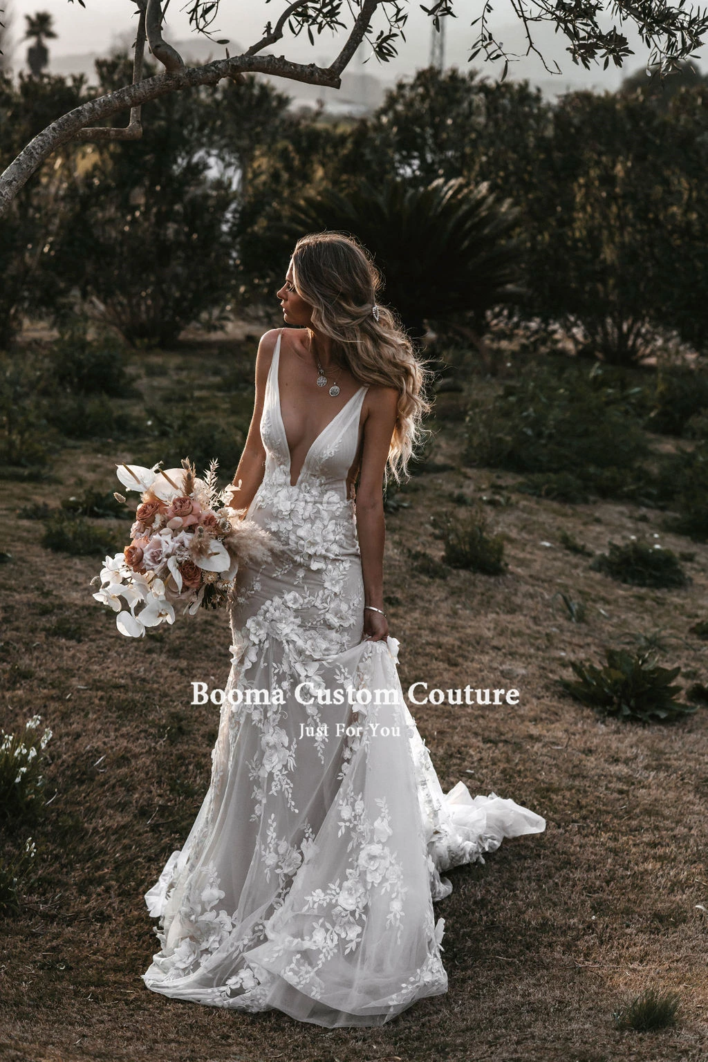 cheap wedding dresses Booma Sexy Lace Mermaid Wedding Dresses Plunging V-neck 3D Flowers Trumpet Bride Dresses Backless Wedding Gowns Plus Size vintage wedding dresses