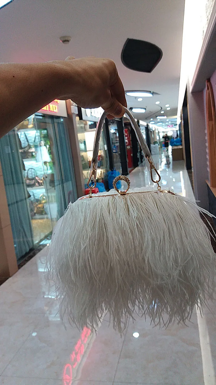 2022 Luxury Ostrich Feather Party Evening Clutch Bag Women Wedding Purses and Handbags Small Shoulder Chain Bag Designer Bag