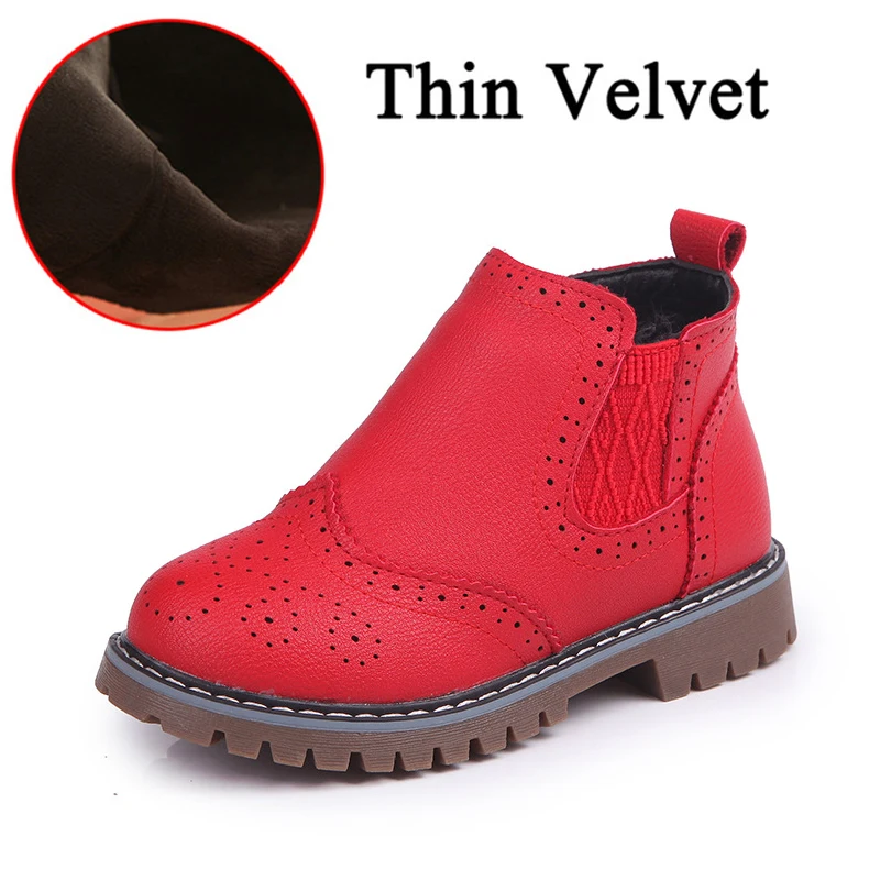 Thin Velvet Red Модные кожаные детские ботинки martin с перфорацией; обувь принцессы для девочек; коллекция года; сезон осень-зима; новые бархатные теплые ботинки для девушек на молнии - Цвет: Thin Velvet Red