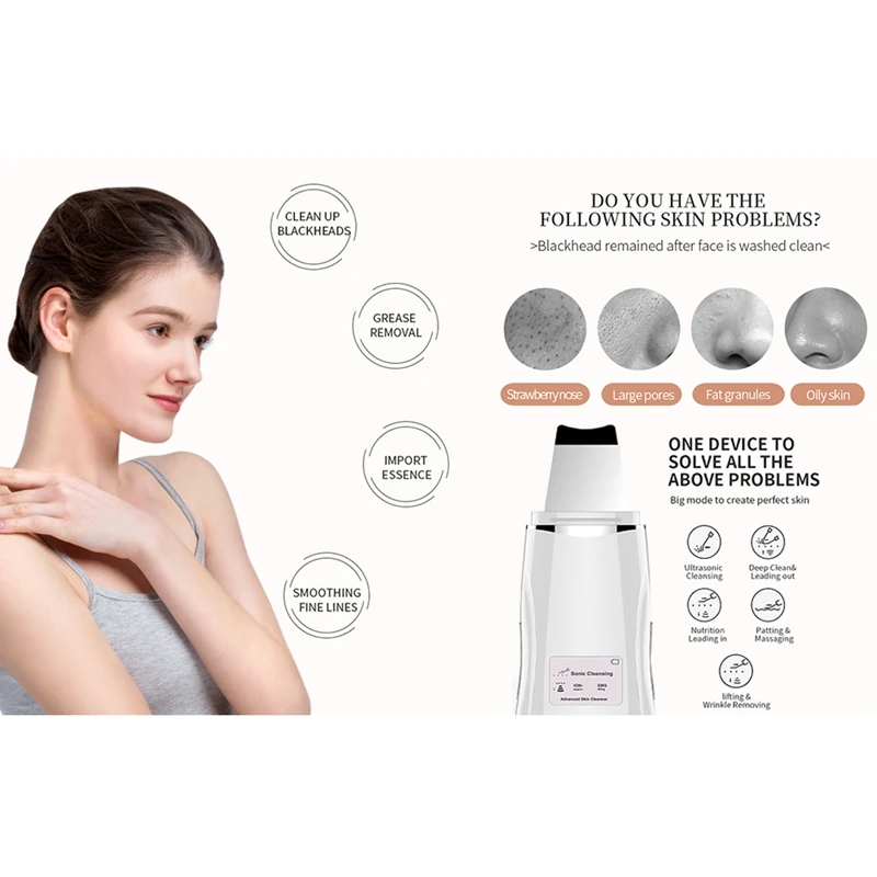  Ultrasonic Facial Skin Scrubber Ion Deep Face Cleaning Face Lift Rechargeable Skin Care Beauty Devi