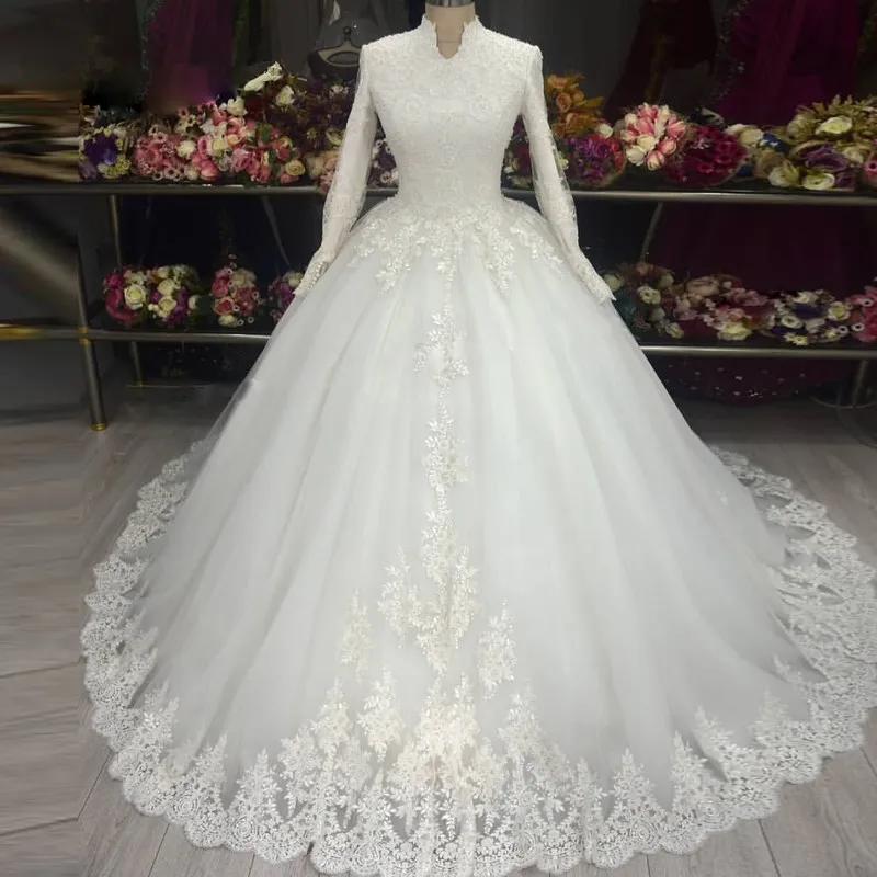 Vestido De Noiva Plus SIze High Neck Lace Applique Ball Gown Wedding Gowns 2022 Long Sleeve Muslim Wedding Dresses for Women short wedding dresses