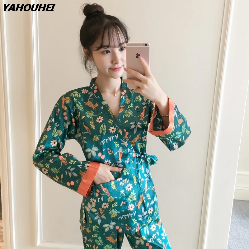 

2019 Autumn Silk Japanese Kimono Pajamas Sets For Women Long Sleeve Pyjamas Print Pijamas Feminino Lounge Homewear Home Clothing