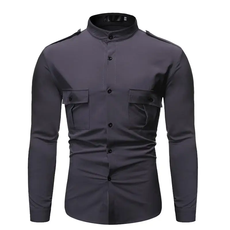 

Unique Multi-pocket design Mens dress Shirts Standing collar Casual Social Shirt for Men Slim fir Blouse Men