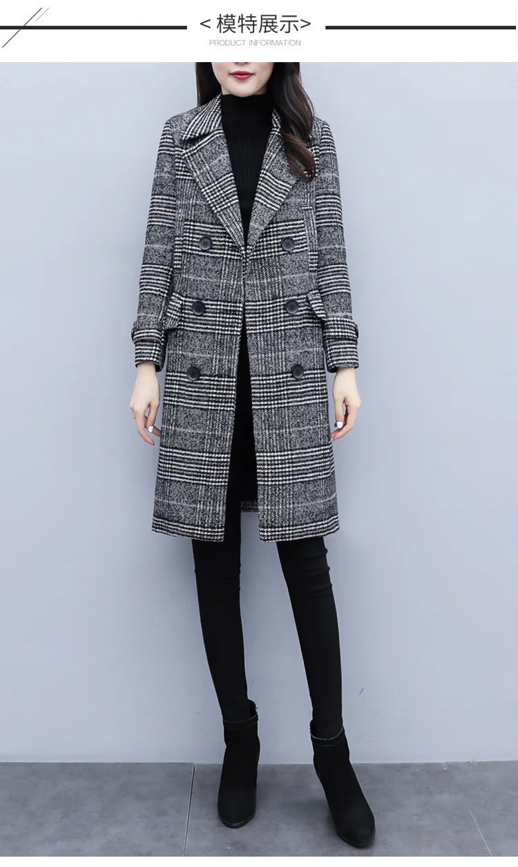 New Style Autumn& Winter Thick Quilted Thousands of Birds Woolen Jacket Women's Mid-length Double Breasted Trench Coat