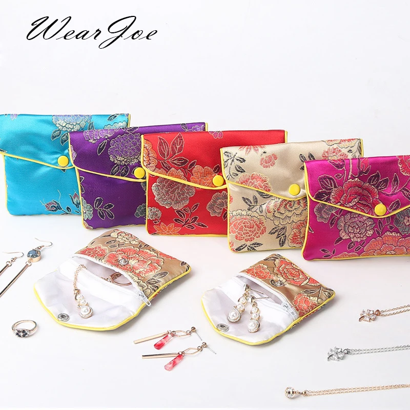 Chinese Brocade Handmade Silk Embroidery Padded Zipper Small Jewelry Gift Storage Pouch Bag Snap Case Satin Coin Purse Wholesale