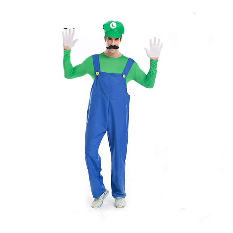 green set Super Mario Bro Супер Марио и Луиджи Косплэй костюм комплект красный зеленый пальто Кепки брюки толстовки костюмы на Хэллоуин, способный преодолевать Броды для взрослых мужской костюм - Цвет: green set
