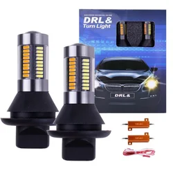 2 pces dupla cor 1156 ba15s/bau15s p21w py21w t20 7440 lâmpadas led girando luzes 66smd âmbar branco/gelo bule erro canbus drl