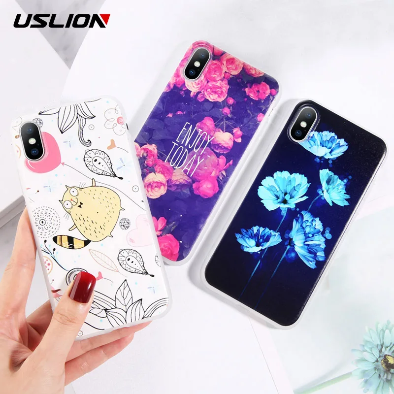

USLION Phone Case For iPhone X XS XR Xs Max Rose Flower Print Soft TPU Floral Back Cover For iPhone 6 6s 7 8 Plus 5 5s SE