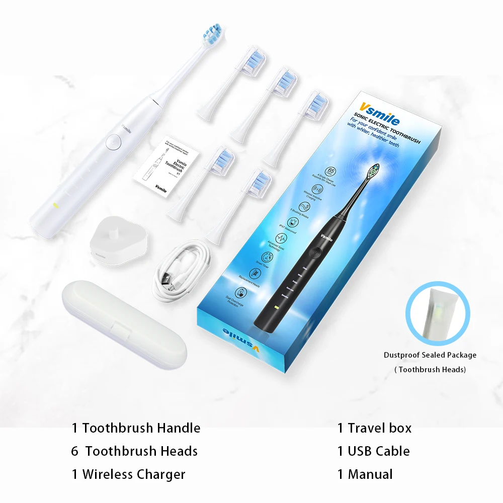Pearl White Vsmile Sonic электрическая зубная щетка 2200 мАч батарея 80 дней на одной зарядке 5 режимов 6 щеток водонепроницаемый чехол для зубной щетки - Цвет: Pearl White