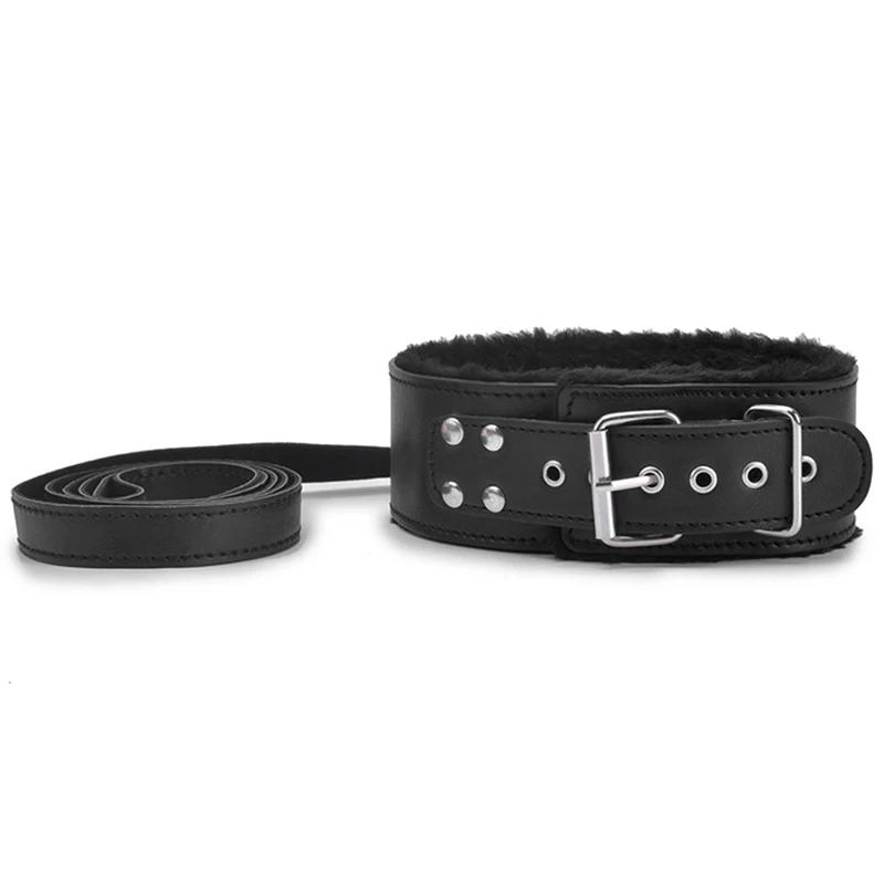 Ошейник БДСМ кожаный и ремень плюшевый Фетиш бондаж секс ожерелье SM