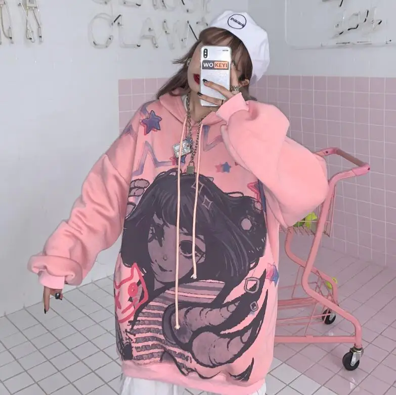Осень и зима Корейская девушка печати Свободные Harajuku ретро с капюшоном шнурок плюс бархат толстовка для женщин