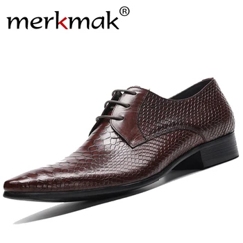 

Merkmak Genuine Cow Leather Men Dress Shoes Pointed Toe Suit Shoes Big Size Classic Snake Pattern Business Formal Footwear
