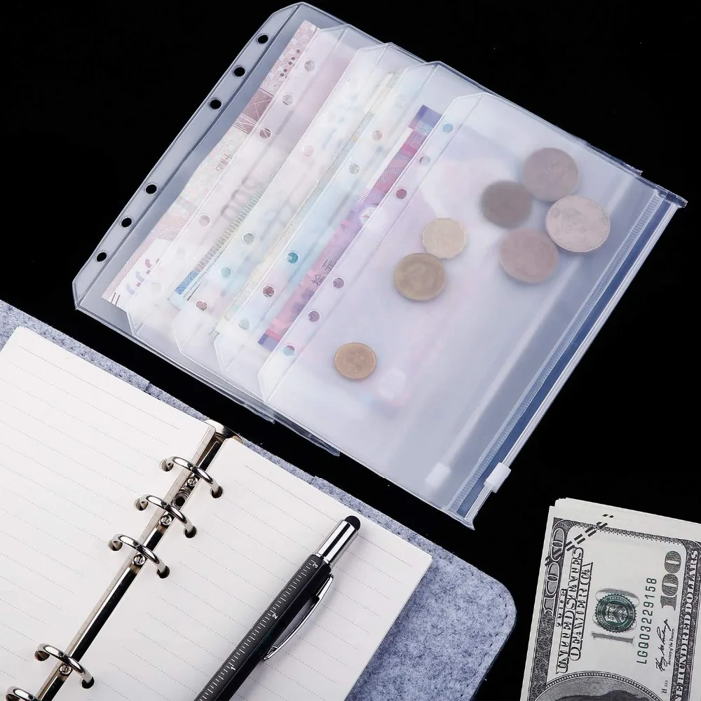 Binder pockets 4pcs A6 6-hole waterproof PVC cash budget envelopes zipper for notebook planner journey binders