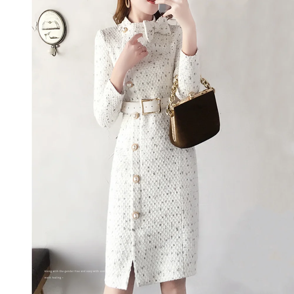 Woolen Women Dress Tweed Elegant Korean Style Autumn Winter Warm Dresses Fashion Vestido Female Thick Dress Bow Long Sleeve Robe
