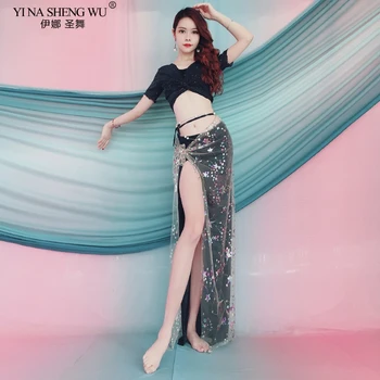 

Belly Dance Suit Top+2 Hip scarf Clothes Sequin Mesh Practice Costume Oriental Belly Dance Performance Clothes Training Wear New