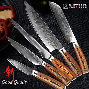 

XITUO Kitchen Knive 5Pcs Knife Set Vg 10 Damascus Steel Kitchen Meat Cleaver Chef Santoku Utility knives Color wood handle F