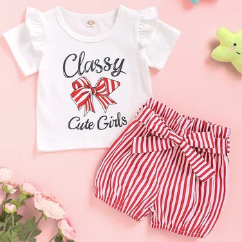 

Cute Baby Girl Outfits Set Ruffle Short Sleeve Kids Clothing For Girl 2Pcs Tops Tee+Striped Shorts Summer Toddler Clothing D30