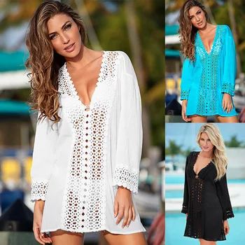 

Women Bikini Cover Up Long Sleeve V Neck Lace Beachwear Swimwear Crochet Summer Hollow Ladies Solid Short Dress S-XL