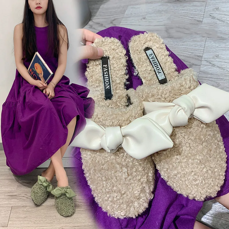 

Cover Toe Flock Luxury Slides Slippers Fur Shoes Woman 2019 Butterfly-knot Loafers Designer Plush Flat New Rubber with fur