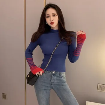 

Women Striped Print Slim Sweater Fashion Half High Collar Tops Long Sleeve Knit Sweaters