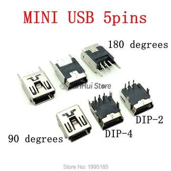 

20PCS Mini USB SMD 5 Pins Female Mini B Socket Connector Plug 180 degrees / 90 degrees DIP-2 DIP-4 USB Connector For Phone