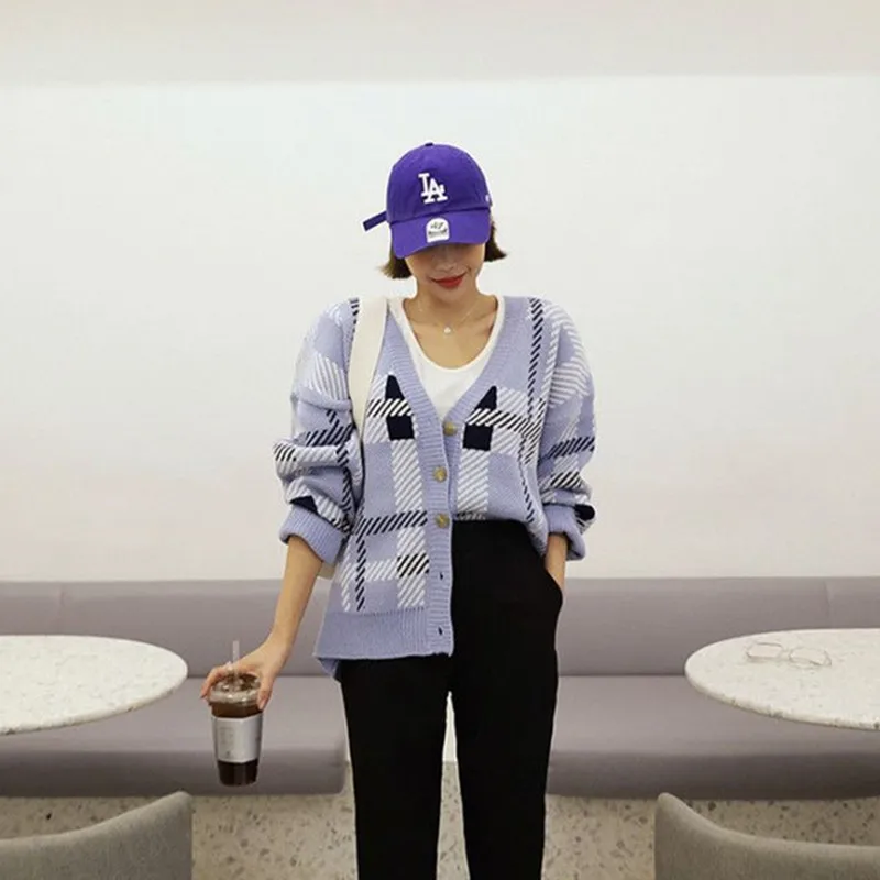 

New Casual Fashion Loose Retro Check Cardigan Sweater Coat 2020