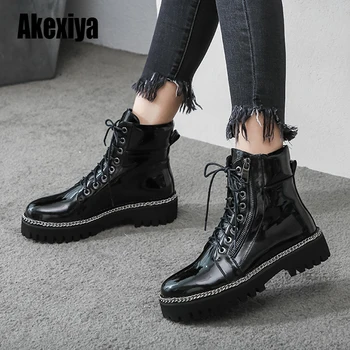

New Fashion European Style Black Ankle Boots Flats Round Toe Black Lace-up Boots Woman Platform Patent Leather Shoes u461