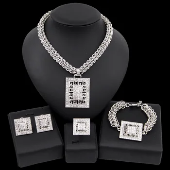 

Yulaili Vintage Style Silver Plated Geometry Crystal Pendant Necklace Stud Earring Bracelet Ring African Party Jewelry Sets