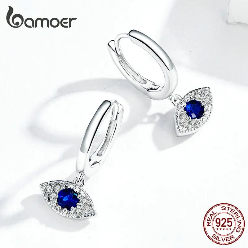 bamoer Silver 925 Jewelry Blue Eye Drop Earrings for Women Wedding Statement Protection Fashion Jewelry Bijoux Oreilles BSE274