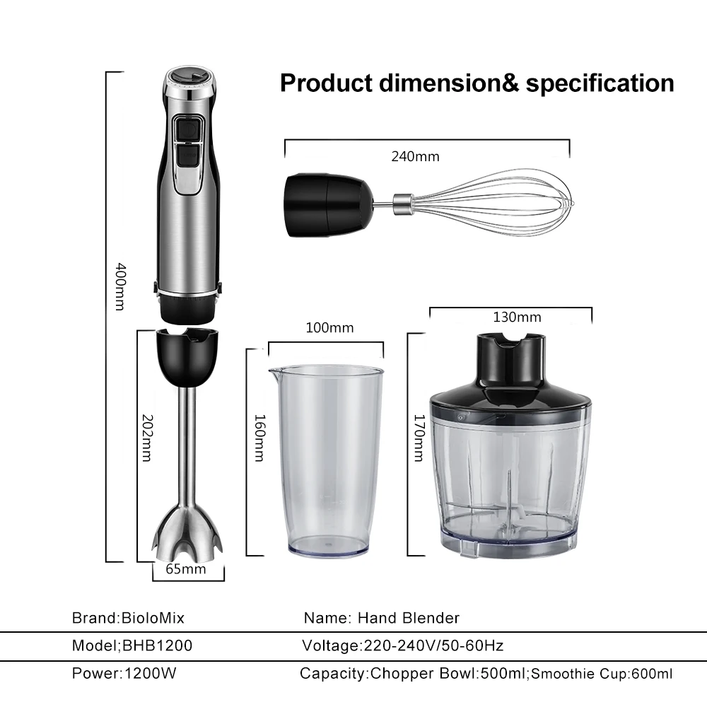 1200 Watt 6-Speed Multi-Purpose 4 in 1 Hand Blender Stainless Steel With Whisk Food Grinder Bowl for Smoothies Sauces Soups