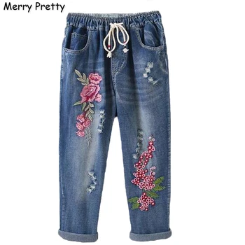 

Women's Denim Pants Floral Embroidery Hole Pockets Jeans For Girl 2020 Spring New High Waist Anakle Length Pant MERRY PRETTY