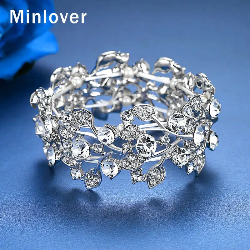Minlover розовое золото цвет листья горный хрусталь невесты браслеты для женщин очаровательные свадебные браслеты модные новые ювелирные изделия MSL108