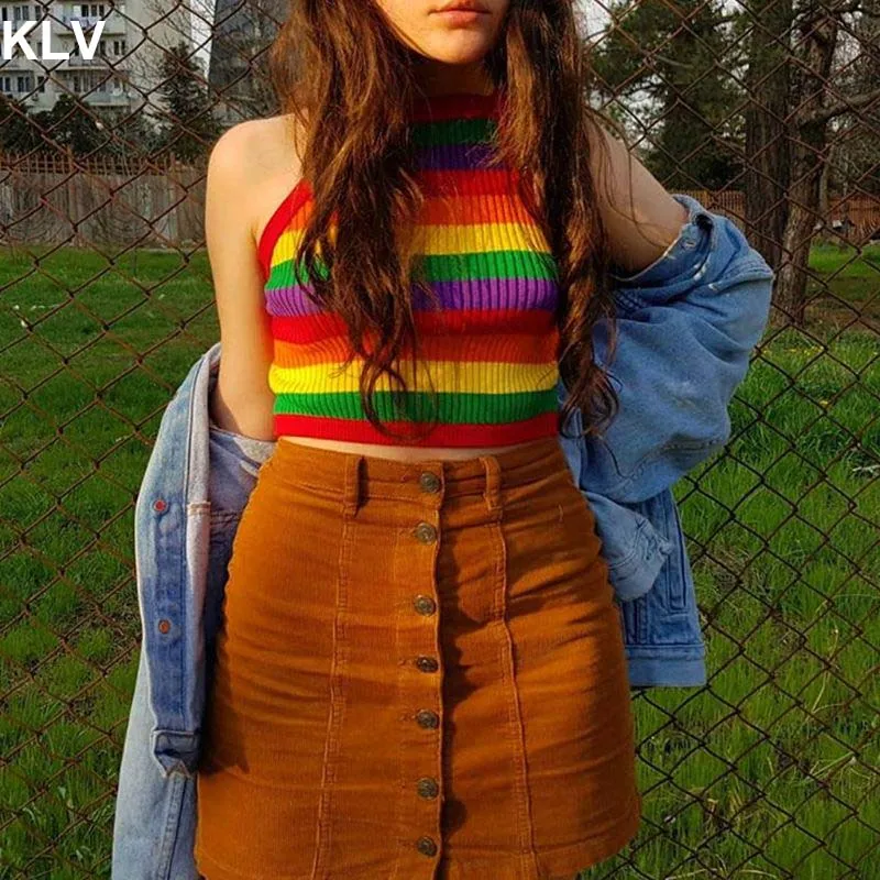 

Women Summer Sexy Sleeveless Mini Crop Top Halter Thread Ribbed Knit Bodycon Camisole Rainbow Stripes Racerback Beach Party Vest