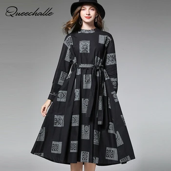 

XL XXL XXXL 4XL Plus Size Elegant Dress Women Autumn Drop-shoulder Long Sleeve A-line Dress Print Casual Midi Dress With Sashes