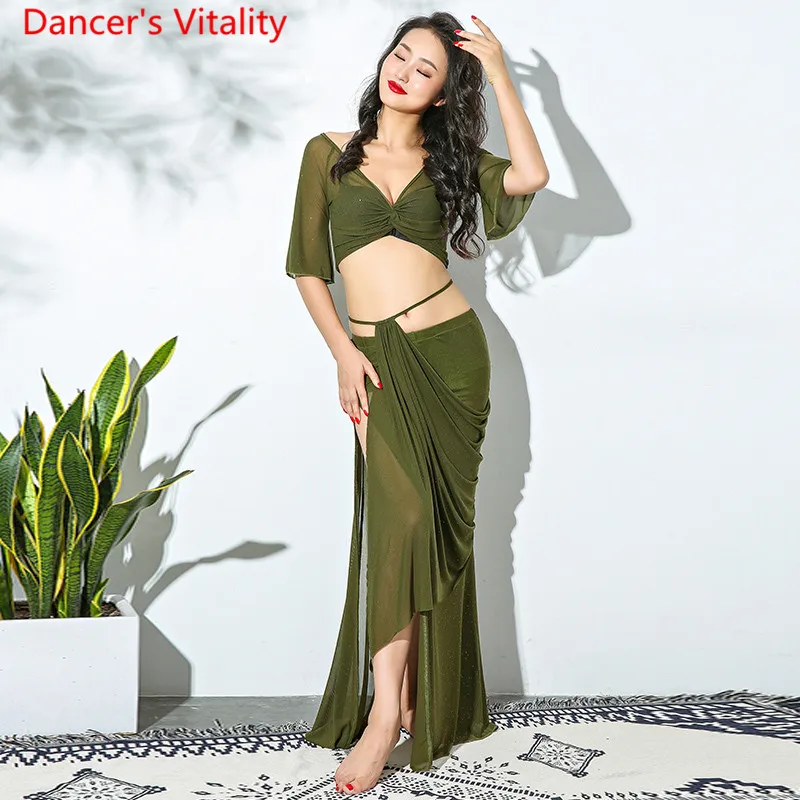 Сетчатый Красный Зеленый сексуальный прозрачный женский костюм для танца живота 2 шт. длинная юбка одежда для Танцовщица команда танец живота Одежда для танцев