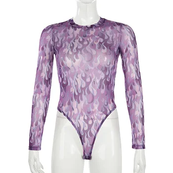 

YYXZ Women Overall Spring Sexy Slim Print T-shirt Style Long Sleeve O-neck Lady Mesh Bodysuit Lady Skinny Jumpsuit Rompers SML