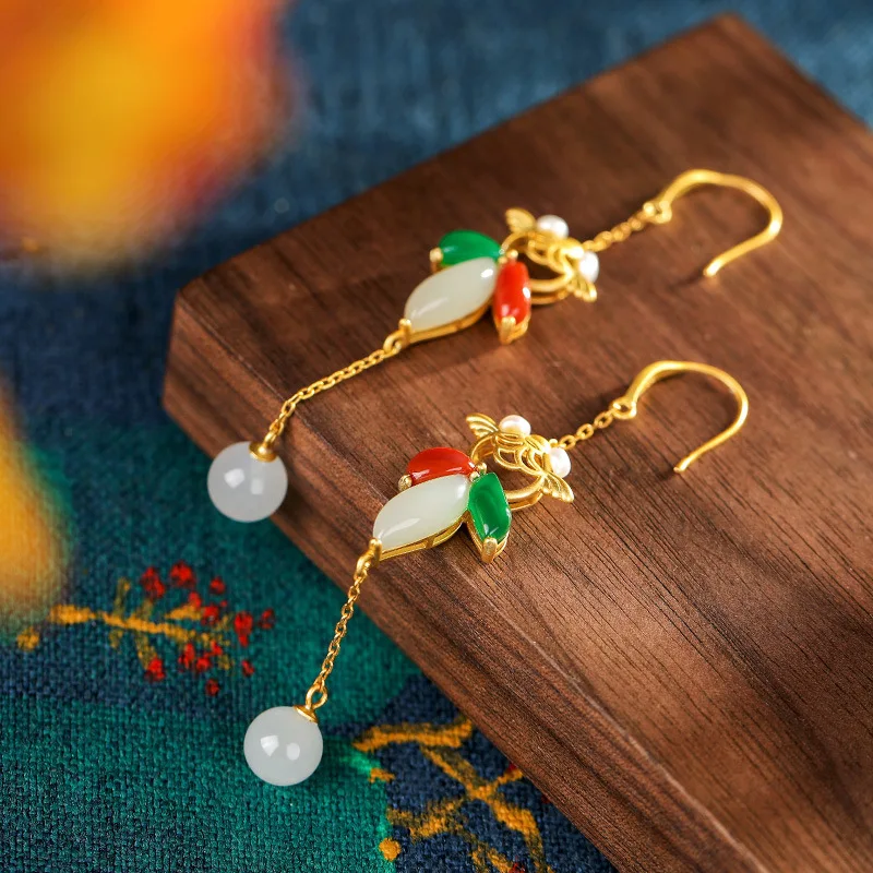 

S925 Silver Mosaic and Hotan Jade White Jade South Red Goldfish Simple Temperament Mesh Red Woman Earrings Earrings