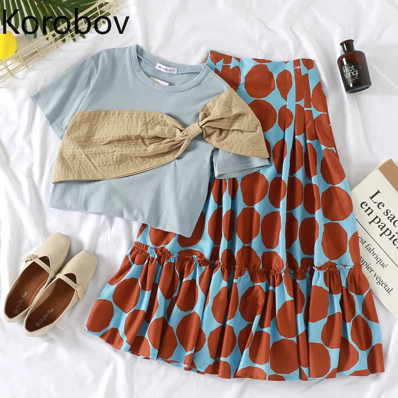 

Korobov Women Casual Sweet Suit Korean Bow Patchwork Short Sleeve Tee and Dot Pleated A-Line Skirts Beach 2 Piece Set 78792
