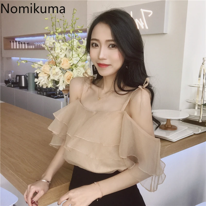 Женский сетчатый топ Nomikuma однотонный на бретельках с оборками летний в Корейском