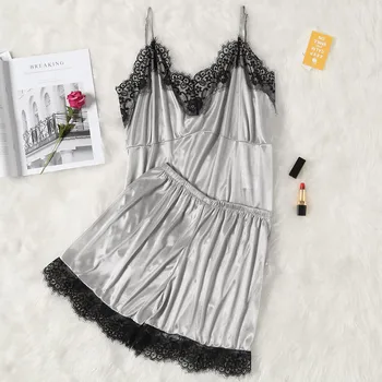 

2019 fashion high quality satin women's lace sexy casual comfortable babydoll pajamas pants 2PC set пижама женская ночнушка 40*