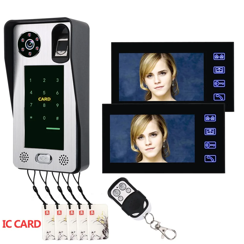 2 Monitors 7 inch Recording Fingerprint IC card video door phone intercom doorbell access control access system night vision