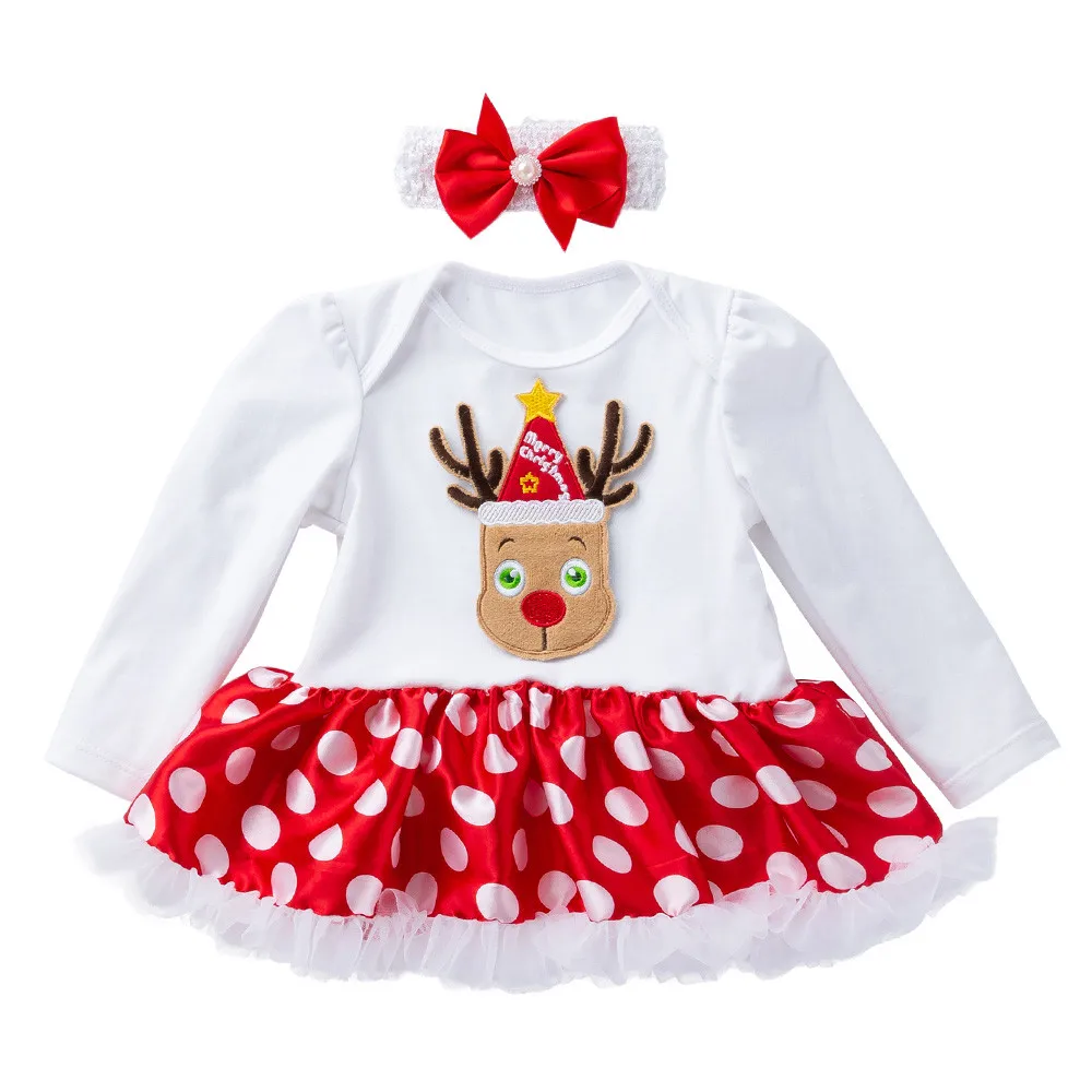 Комплект одежды на Рождество для маленьких девочек; комбинезон с длинными рукавами, круглым вырезом и принтом оленя; комбинезон; Кружевная юбка-пузырь; платье; комплекты одежды - Цвет: Белый